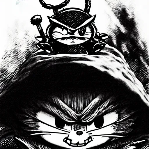 Image similar to Teemo (league of legends, 2009), artwork by kentaro miura, Kentaro Miura style, Berserk Style, High details, cinematic composition, manga, black and white ink style, a lot of details with ink shadows