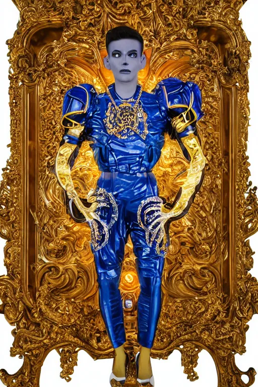 Image similar to full-body sculpture of a young handsome Colombiano prince as a half cibernetic android with a glowing blue battery in his chest, white laser beam coming out of his eyes, crown of giant diamonds, flowing neon-colored silk, fabric, raptors, in a cyperbunk and baroque style. baroque elements. full-length view. baroque element. intricate artwork by caravaggio. many many birds birds on background. Trending on artstation, octane render, cinematic lighting from the right, hyper realism, octane render, 8k, depth of field, 3D