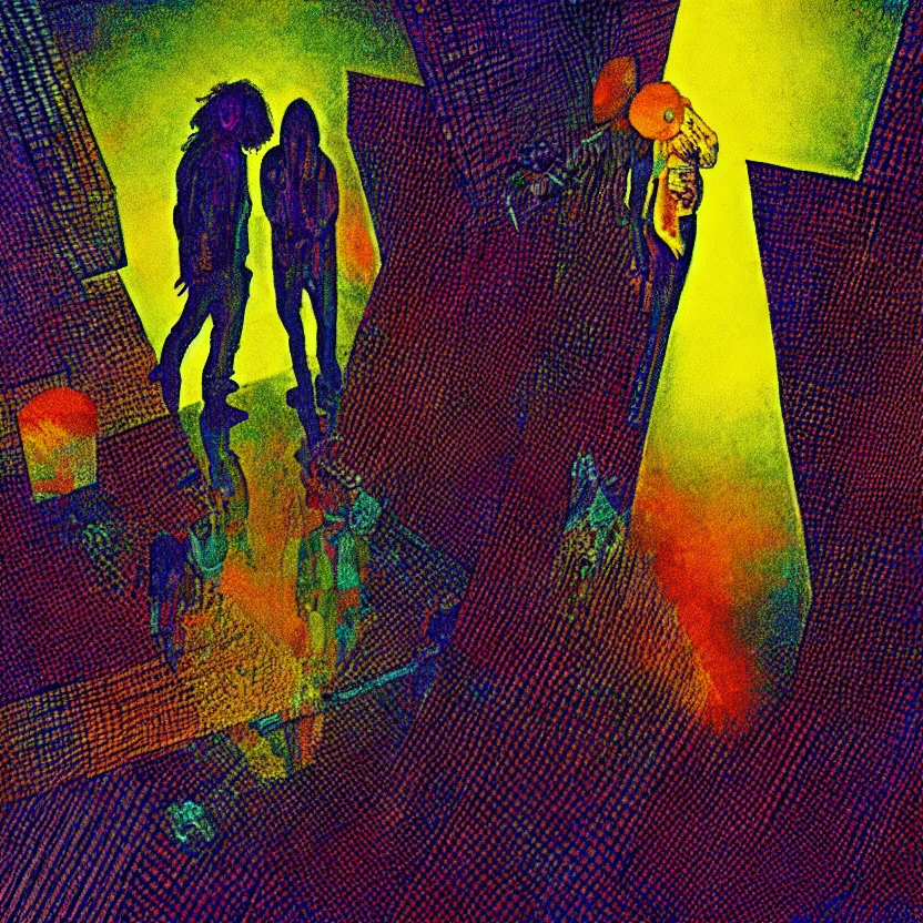 Image similar to closeup of two people standing on top of a checkered floor, an album cover by syd barrett, tumblr, neo - expressionism, darksynth, nightmare, cosmic horror, artstation