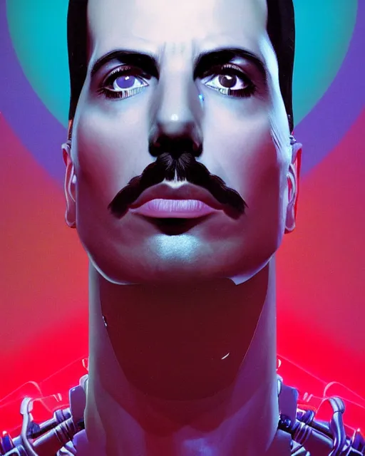 Image similar to portrait of 1978 Freddie Mercury as a cyborg. intricate abstract. intricate artwork. by Tooth Wu, wlop, beeple, dan mumford. octane render, trending on artstation, greg rutkowski very coherent symmetrical artwork. cinematic, hyper realism, high detail, octane render, 8k, iridescent accents