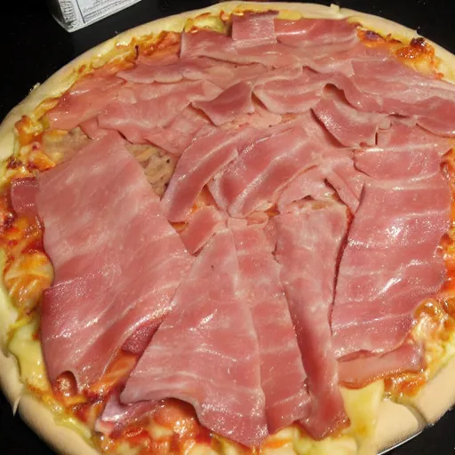 Image similar to ramen noodle and ham pizza with pepto bismol sauce.