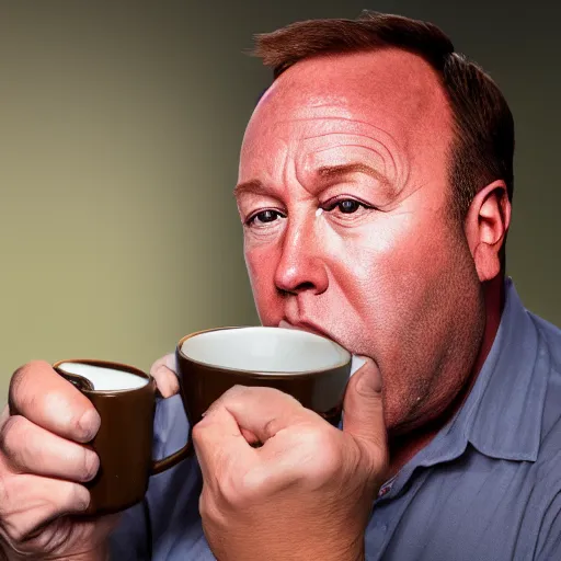 Image similar to alex jones swallowing a coffee mug, photorealistic,