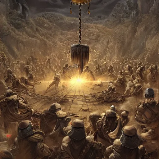 Image similar to Soldiers dressed in ancient times pushed a huge pendulum,digital art,trending on artstation,epic perspective.
