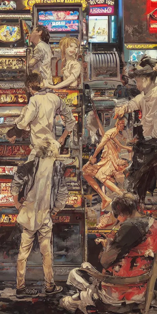 Image similar to oil painting scene from amusement arcade by kim jung gi