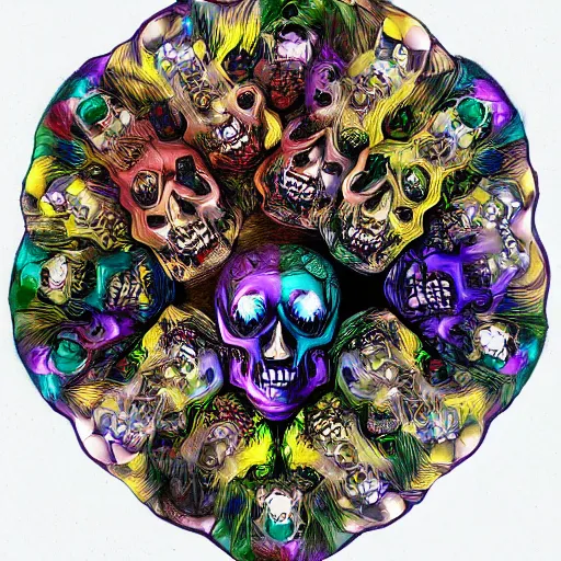 Prompt: kaleidoscope of hands, skulls, flowers, high detail, award winning, (chromatic aberration) high contrast, digital painting, concept art, texture