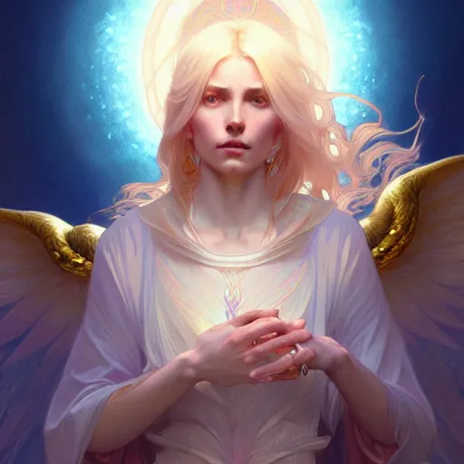 Image similar to Winged girl seraphim with blonde hair and glowing halo, iridescent, fantasy, intricate, elegant, highly detailed, digital painting, artstation, concept art, smooth, sharp focus, illustration, art by Krenz Cushart and Artem Demura and alphonse mucha