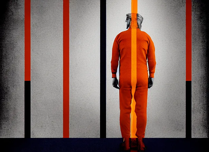 Image similar to Trump in striped prison outfit handcuffed, Mads Berg, Karolis Strautniekas,stippled light, dramatic lighting,fine texutre, editorial illustration,matte print, film noir, dark blue+dark orange+orange+beige+black+white,dynamic composition,moody