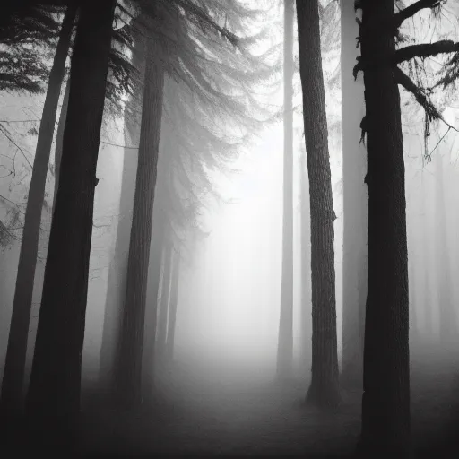 Image similar to misty forest with big black fluffy demon in the center, monochrome lomography