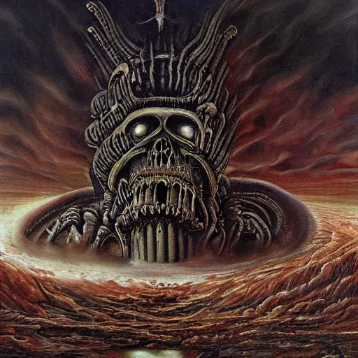 Image similar to a painting of a supreme calamity, apocalypse, end of the world, painting by h. r. giger, super high detail, cosmic perspective, unimaginable scale, grand