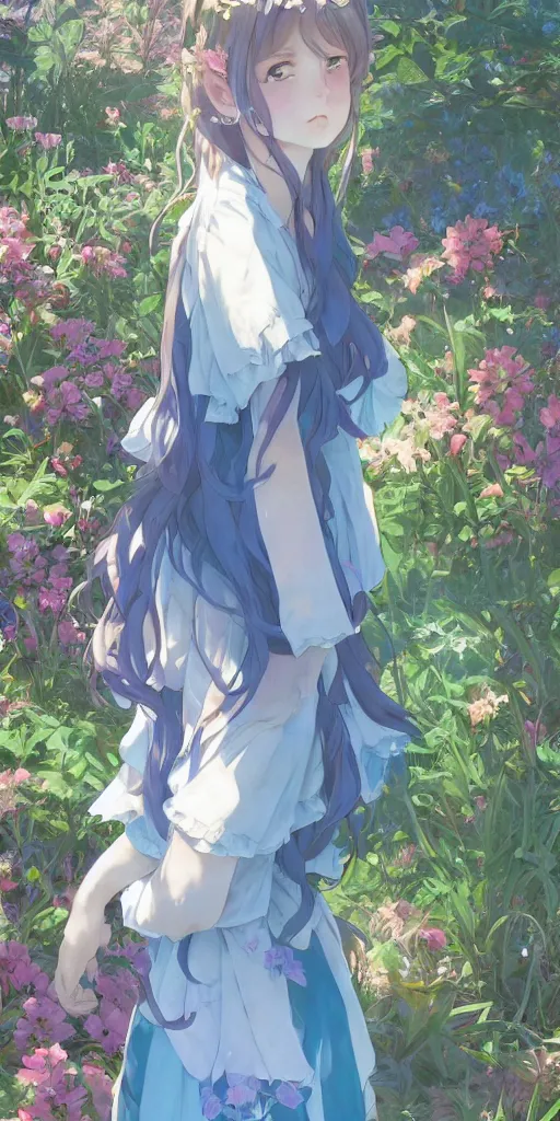 Image similar to a digital art of a loli with long hair in a dress in the privet garden at after noon, blue and warm theme, back lighting, by krenz cushart and mucha and akihito yoshida and greg rutkowski and makoto shinkai, detailed eyes, 4 k resolution, trending on art station