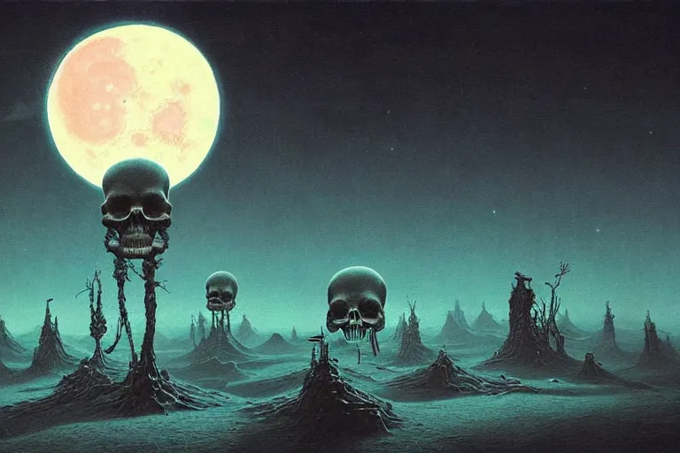 Image similar to a surreal and awe - inspiring science fiction landscape, skull moon in the sky looks like a skull, intricate, elegant, highly detailed colored sketch by beksinski and simon stalenhag