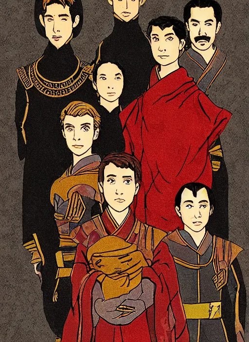 Image similar to family portrait of duke leto atreides and prince paul atreides, dune, in the style of yamato - e, traditional japanese, tosa school, tosa mitsuoki, tosa mitsunobu, iwasa matabei.