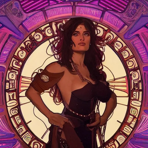 Image similar to salma hayek in a cyberpunk city bar by alphonse mucha, perfect proportions, beautiful face, perfect eyes, real life colors, elegant, sharp focus, hyper - realistic, 4 k, highly detailed, hd, dramatic lighting by brom