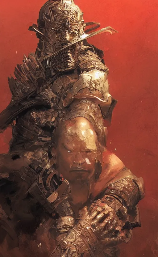 Image similar to samurai on his knee, symmetrical facial features, front game card, drark, marvel comics, dark, intricate, highly detailed, smooth, artstation, digital illustration by ruan jia and mandy jurgens and artgerm and wayne barlowe and greg rutkowski and zdislav beksinski