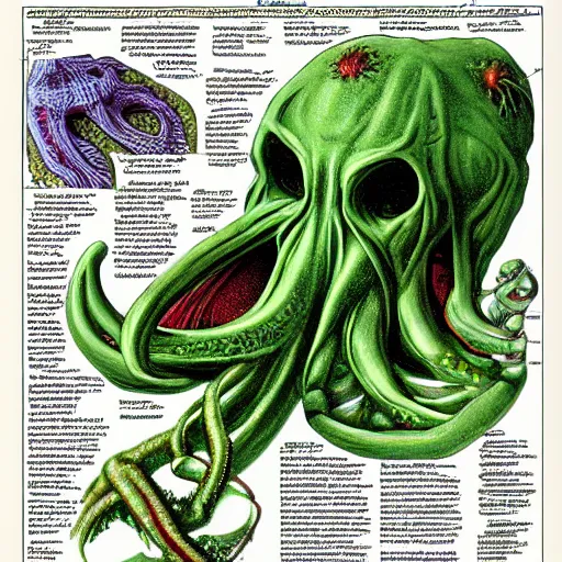 Image similar to cthulhu cross section scientific illustration biology book, highly detailed