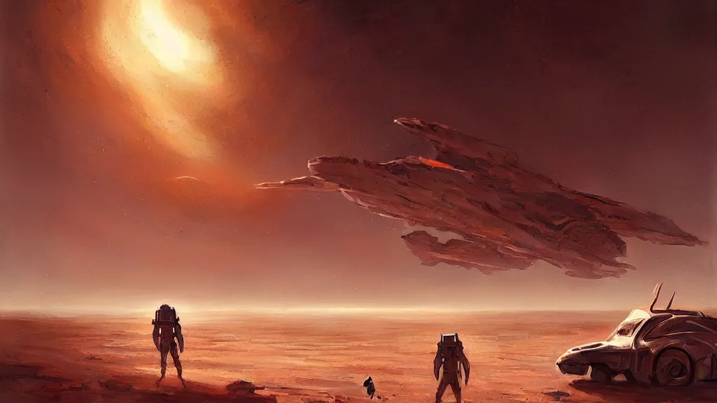 Prompt: a spaceship lost in the desert, detailed digital art by greg rutkowski.