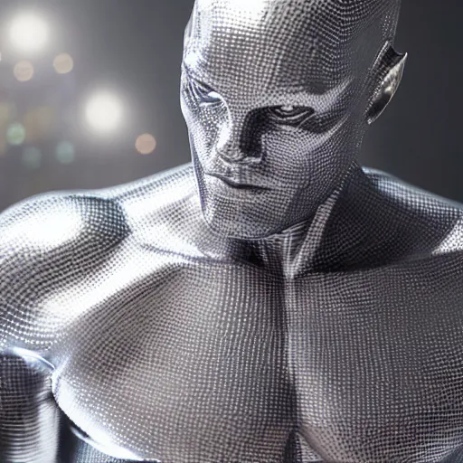 Prompt: full body pose, hyperrealistic photograph of silver surfer, dim volumetric lighting, 8 k, octane beautifully detailed render, extremely hyper detailed, intricate, epic composition, cinematic lighting, masterpiece, trending on artstation, very very detailed, stunning, hdr, smooth, sharp focus, high resolution, award, winning photo, dslr, 5 0 mm