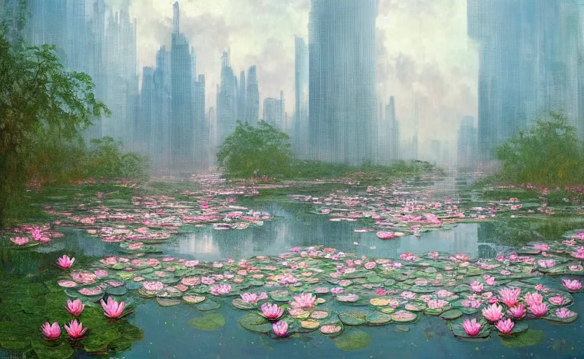 Prompt: A beautiful painting of a water lily pond in rain, cloud and thunder, pink water lilies blooming, cyberpunk skyscrapers in distance, Trending on artstation, wide angle, by Mucha