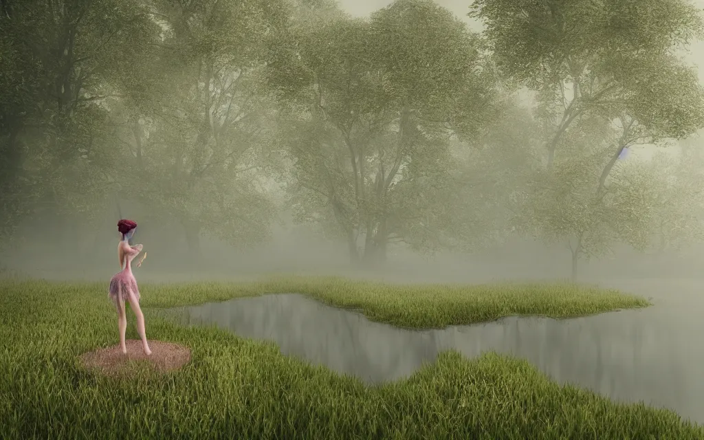Prompt: gorgeous fairy looking into an aethereal pond in a gloomy meadow covered by fog, photorealistic, 8K rendered with octane