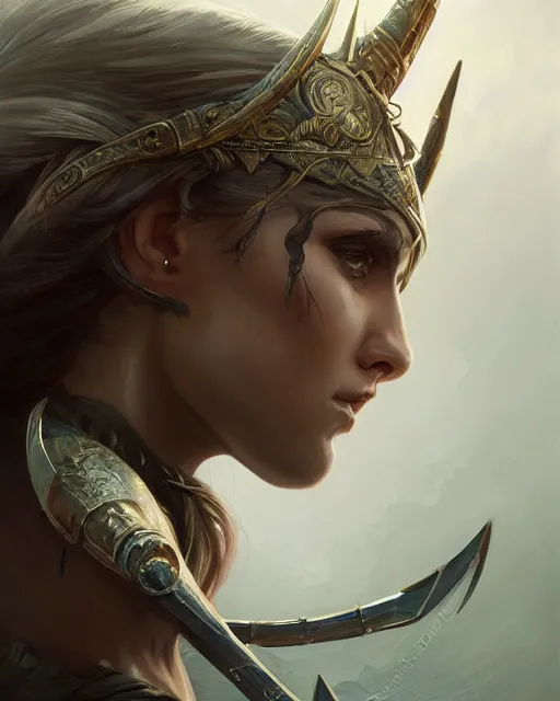 Image similar to A beautiful female warrior posing on a boat, perfect face, highly detailed face, close-up, fantasy woman, fantasy art, in the style of greg rutkowski, illustration, epic, fantasy, intricate, hyper detailed, artstation, concept art, smooth, sharp focus, ray tracing, profile shot