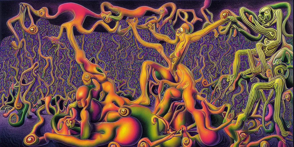 Prompt: basilisk, pain, pleasure, suffering, adventure, alex grey psychedelic dripping color love, abstract oil painting by mc escher tessalation and salvador dali gottfried helnwein