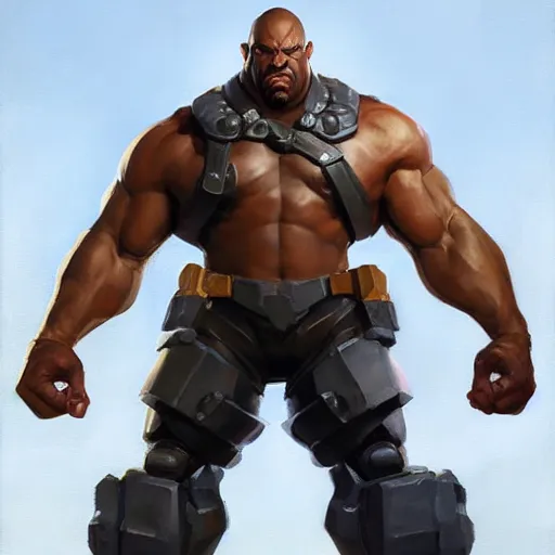 Image similar to greg manchess portrait painting of fully armored the foundation aka dwayne the rock from fortnite as overwatch character, medium shot, asymmetrical, profile picture, organic painting, sunny day, matte painting, bold shapes, hard edges, street art, trending on artstation, by huang guangjian, gil elvgren, ruan jia, greg rutkowski, gaston bussiere