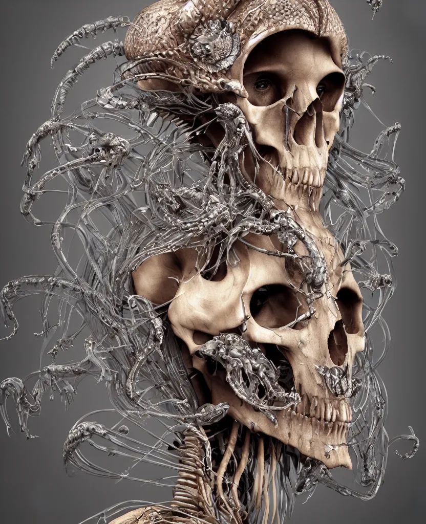 Image similar to close-up macro portrait of the face of a beautiful princess with animal skull mask, epic angle and pose ribcage skeleton, symmetrical artwork, 3d with depth of field, blurred background, cybernetic jellyfish female face skull phoenix bird, translucent, nautilus, energy flows of water and fire. a highly detailed epic cinematic concept art CG render. made in Maya, Blender and Photoshop, octane render, excellent composition, cinematic dystopian brutalist atmosphere, dynamic dramatic cinematic lighting, aesthetic, very inspirational, arthouse. y Greg Rutkowski, Ilya Kuvshinov, WLOP, Stanley Artgerm Lau, Ruan Jia and Fenghua Zhong