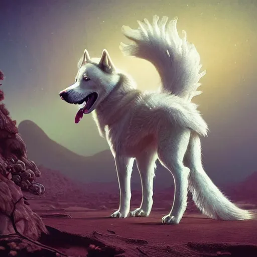Prompt: white alaskan husky creature in a desert lush oasis, warm tones : by guillermo del toro, daniel merriam, victo ngai and michal karcz : ornate, dynamic, particulate, intricate, elegant, highly detailed, centered, artstation, smooth, sharp focus, octane render