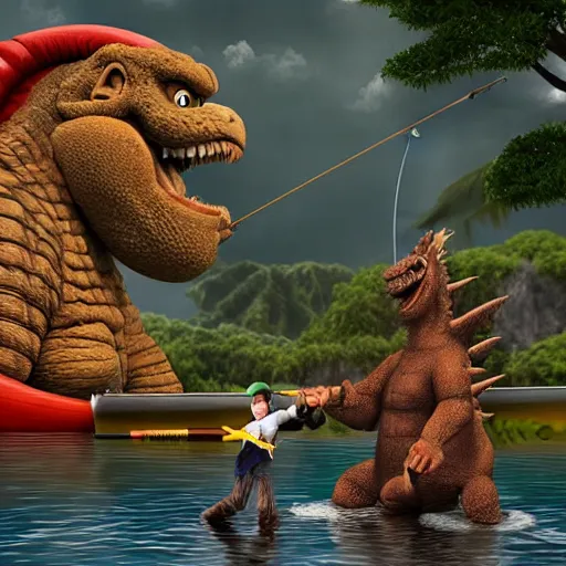 Image similar to Godzilla and Donkey Kong on a fishing trip, hyper realistic, HD, HQ, photo realistic