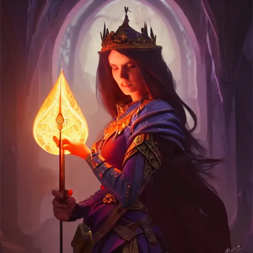 Prompt: wizard, female, in crystal cave, D&D, fantasy, intricate, elegant, highly detailed, digital painting, artstation, octane render, concept art, matte, sharp focus, illustration, hearthstone, art by Artgerm and Greg Rutkowski and Alphonse Mucha