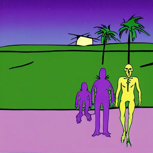 Image similar to ufo and aliens with pepe the frog beaming up abducting cows along coast line pastures, summer night and palm trees. by patrick nagel, by norman rockwell, by virgil finlay minimalist lighting, precisionist, 1 0 0 0 0 mm. purple and green gammas.