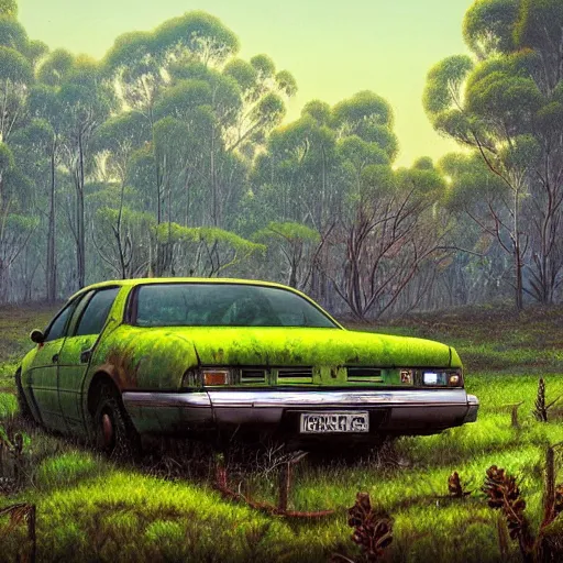 Prompt: hyper _ realistic _ painting _ of _ an _ australian _ landscape _ an _ abandoned rusty holden _ commodore _ covered _ with _ moss. _ by _ simonstalenhag