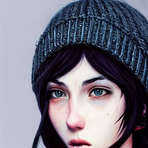 Image similar to a black haired girl wearing a beanie, digital art, 8 k resolution, unreal engine, highly detailed, pretty face, very beautiful face, very detailed eyes, photorealistic by wlop, greg rutkowski