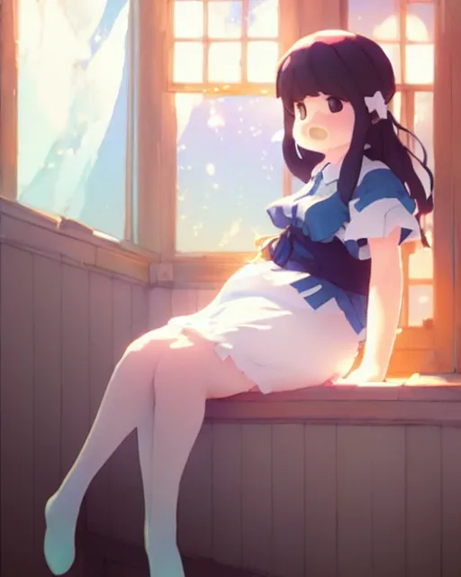 Image similar to a cute stylized thicc ghost girl, sitting on a windowsill of an old house, dramtic lighting, calming ， by makoto shinkai an krenz cushart