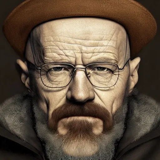 Image similar to Walter white as an Old man, blue eyes, bushy white beard, digital painting, lots of details, extremely detailed, 4k, intricate, brush strokes, Mark Arian, Artgerm, Bastien Lecouffe-Deharme