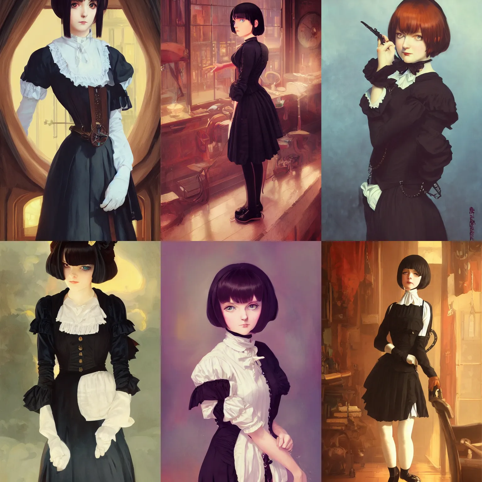 Prompt: a portrait of a young woman in a Victorian maid outfit with black bob cut hair, steampunk setting, vivid colors, soft lighting, atmospheric, cinematic, moody, in the style of Ilya Kuvshinov and Range Murata, Krenz Cushart, oil on canvas, 8k