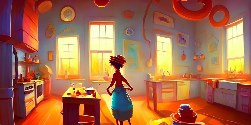 Prompt: spiral lines, naive nerikomi, weird perspective, extra narrow, detailed illustration of a kitchen dimly lit by rhads from lorax movie, trending artstation, true color, fisheye