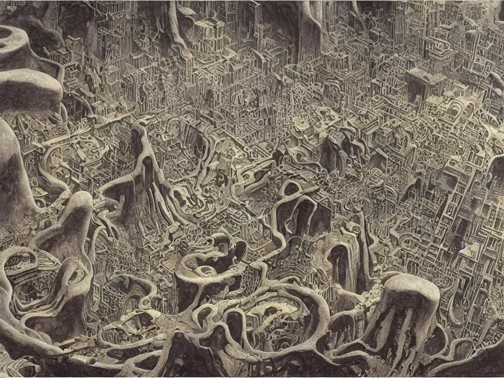 Prompt: Iridescent spider metropolis in the labyrinth infinite cave. Painting by Moebius, Escher, Alfred Kubin, Walton Ford