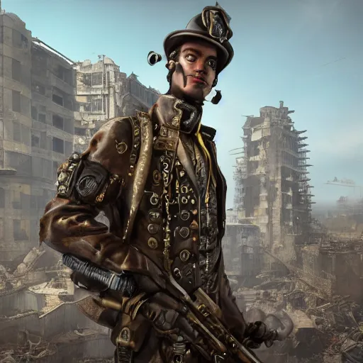 Prompt: detailed steampunk soldier with carrying a steampunk-cyberpunk energy rifle in his arms, standing in front of a dilapidated advanced city with citizens walking, 4k, Unreal Engine, octane render