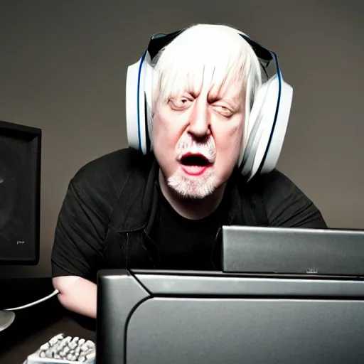 Image similar to obese Edgar Winter wearing a headset yelling at his monitor while playing WoW highly detailed wide angle lens 10:9 aspect ration award winning photography by David Lynch esoteric erasure head