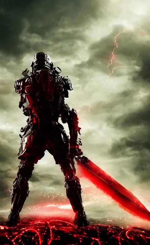 Prompt: a distant armored warrior with a sword, a sea of red thread in the background, dark shapes in the background, cinematic, highly detailed, movie poster