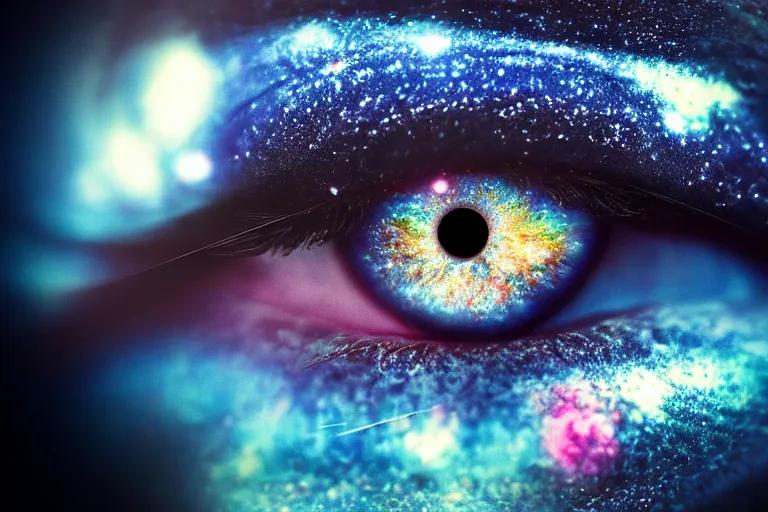 Image similar to a galaxy is inside of an eye, beautiful eye, eye, eye of a woman, realistic, ultra realistic, macro photo, beautiful, digital art, conceptual art, trending on artstation