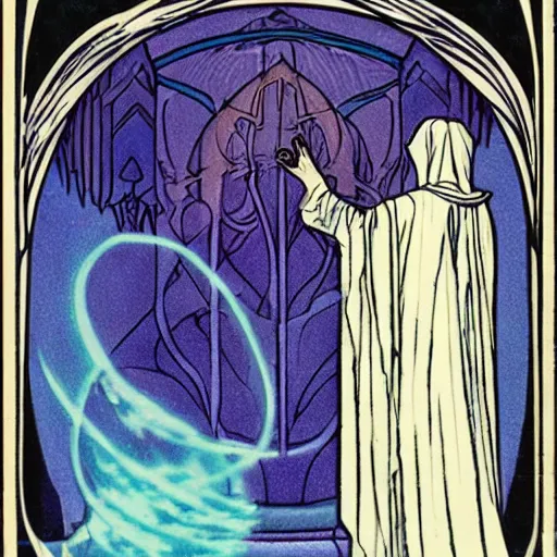 Image similar to a cloaked mage casting a magic spell from her hand toward an ice castle, art nouveau