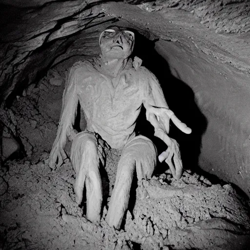 Image similar to found footage of a man made of clay emerging from a wall inside of a cave made of clay, creepy, flash photography, unsettling, moist