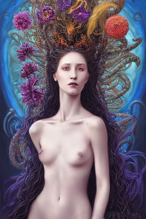 Image similar to portrait of a young female wizard in flowing sensual dress, long fine flowing hair, delicate, looking at camera, slight nerdy awkward smile, realistic face, stylish, elegant, grimdark fantasy, flowers, extremely detailed painting inspired by Gerald Brom and Ernst Haeckel and Carvaggio , studio lighting