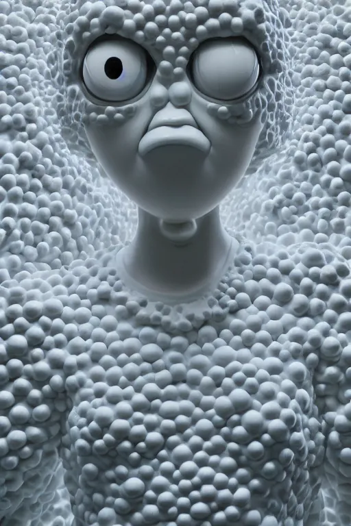 Image similar to full head and shoulders, beautiful porcelain female person, mixed with three giant frog spawn eyes, smooth, delicate facial features, white detailed eyes, white lashes, 3 d white shiny thick, wearing colourful streetwear, background is an empty art gallery, by daniel arsham and james jean, featured in pictoplasma