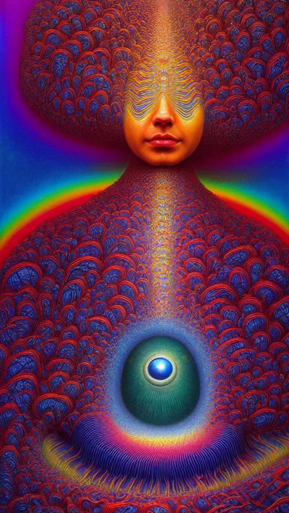 Image similar to hyperrealistic abstract close-up Renaissance psychedelic!! celestial happy! pure creature!! peaceful! kind spirit of nature! beautiful fractal!! eyes! highly detailed concept art eric zener elson peter cinematic hard rainbow lighting high angle hd 8k sharp shallow depth of field endless, inspired by Zdzisław Beksiński Salvador Dali