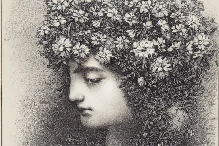 Image similar to black and white, close-up young french eyes covered by flowers, Gustave Dore lithography