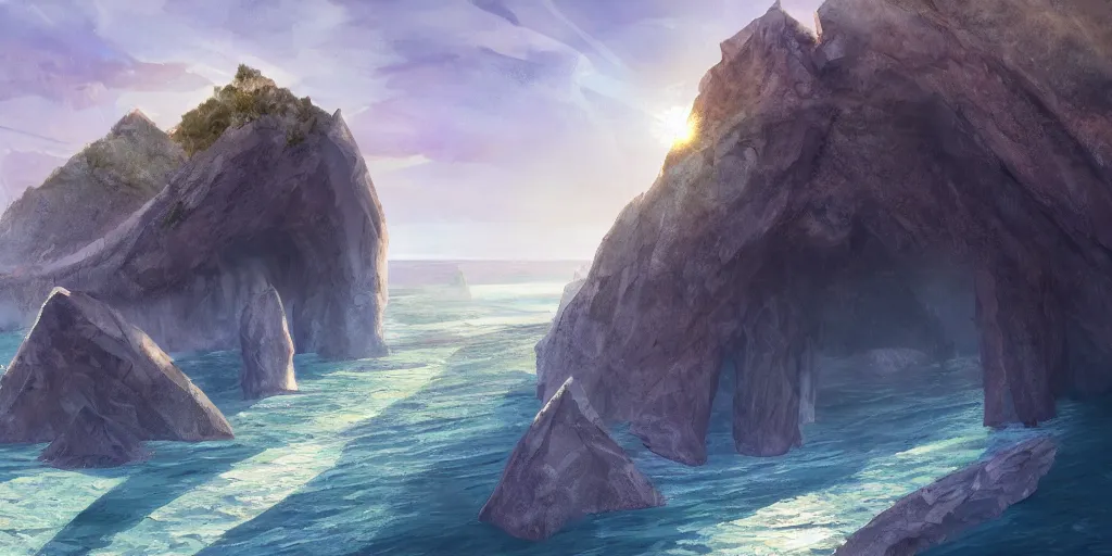 Prompt: salt covered islands surrounded by steep quartz cliffs, illustration, bright sunlight, sun glints, sunrays, digital art, oil painting, fantasy, 8 k, trending on artstation, detailed