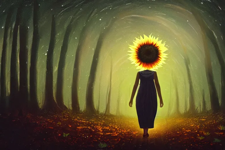 Image similar to giant sunflower head, girl walking in a moonlit forest, hills, surreal photography, dark night, star trails, dramatic light, impressionist painting, clouds, digital painting, artstation, simon stalenhag